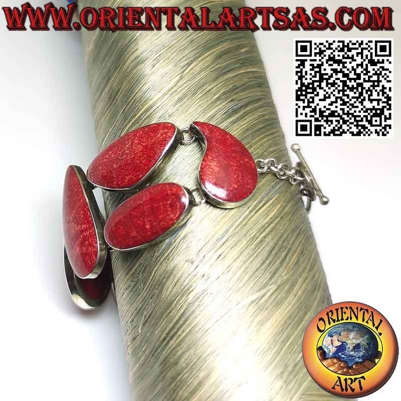 Pulsera en plata 925 ‰ con 10 madréporas rojas multiformes (coral).