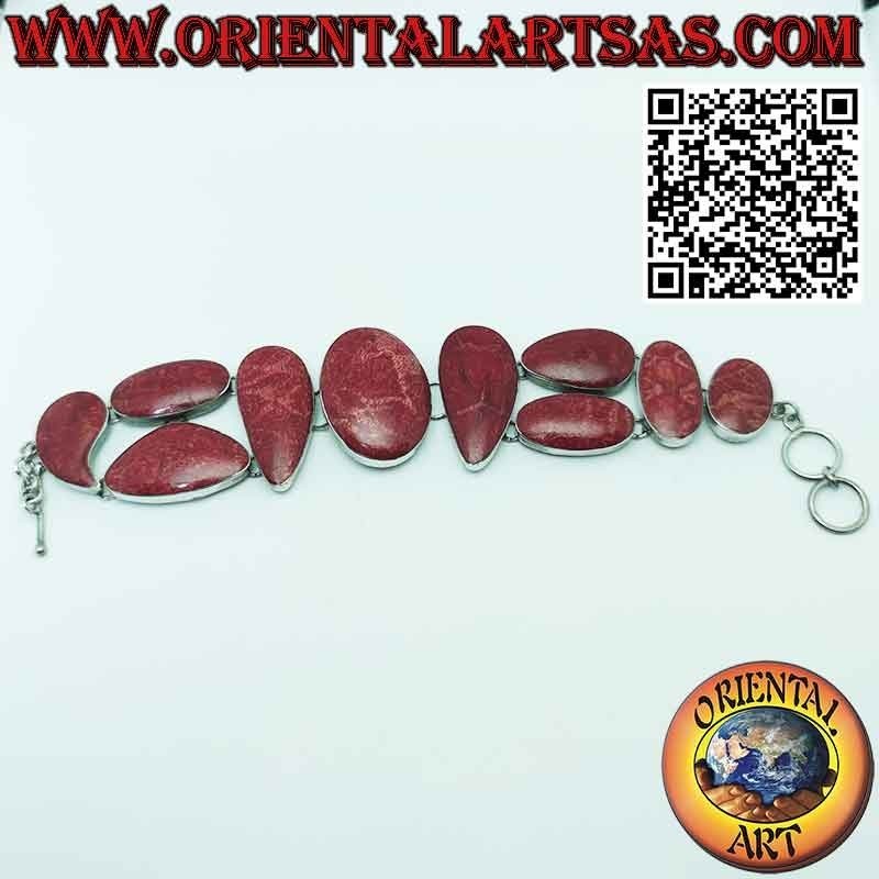Pulsera en plata 925 ‰ con 10 madréporas rojas multiformes (coral).