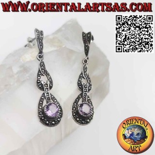 Lange Silberohrringe mit rundem natürlichem Amethyst und Markasiten