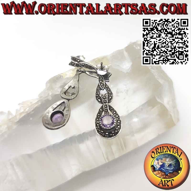 Long silver earrings with round natural amethyst and marcasites