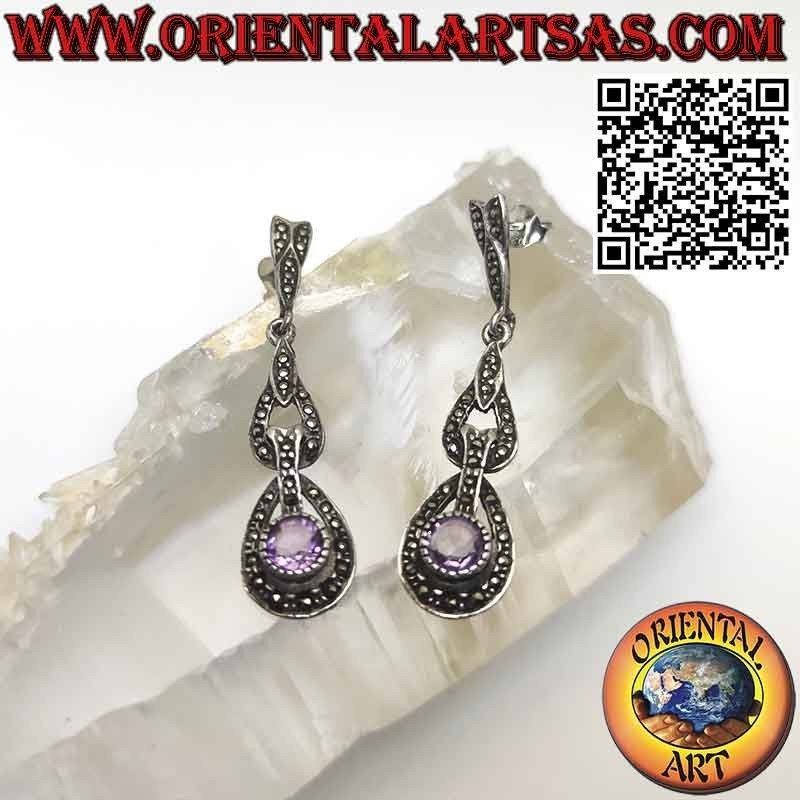 Boucles d'oreilles longues en argent avec améthyste naturelle ronde et marcassites