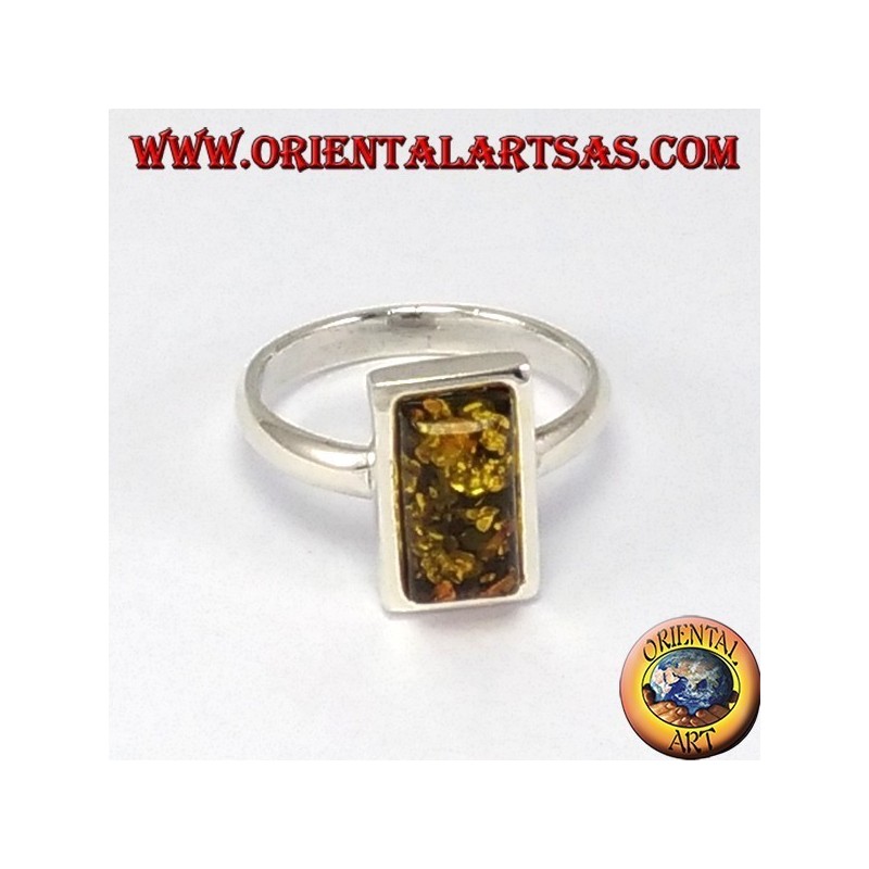 Simple silver ring with rectangular green Amber