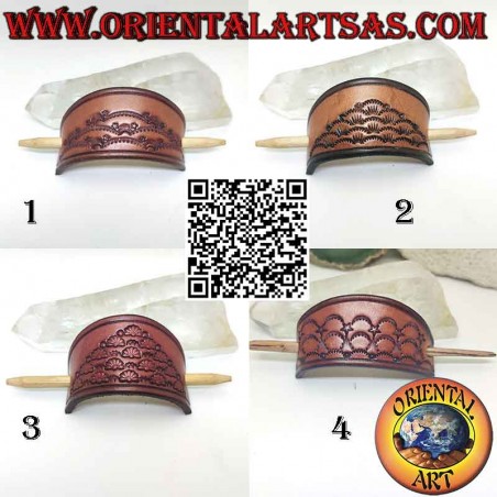 Semi-curved hand-punched leather hair clip with pin, brown