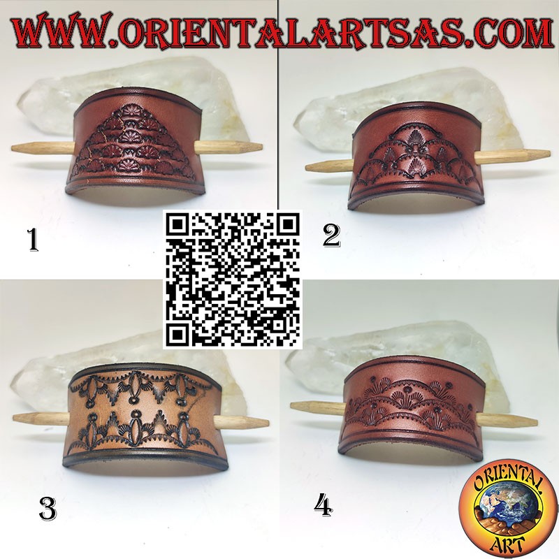 Barrette à cheveux rectangulaire en cuir perforé main avec épingle, marron