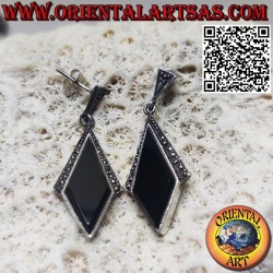 Pendant silver earrings with rhombus-shaped onyx and Marcassite