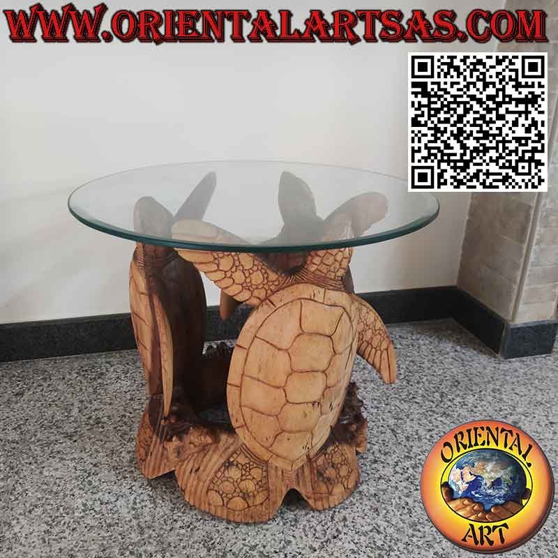 Table ronde aux trois tortues sculptées et plateau en cristal taillé