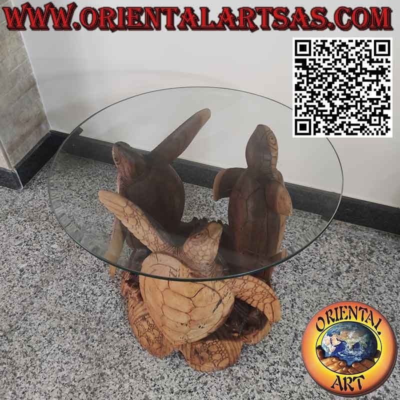 Round table with three sculpted turtles and cut crystal top