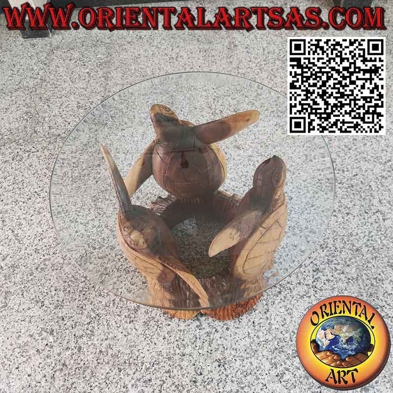 Round table with three sculpted turtles and cut crystal top