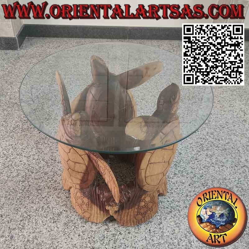 Table ronde aux trois tortues sculptées et plateau en cristal taillé