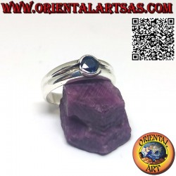 Silver ring with round natural sapphire and setting with central line