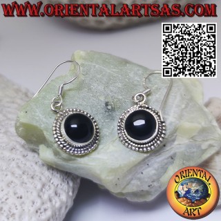 Boucles d'oreilles en argent 925 avec onyx rond entouré de galon et de sphères