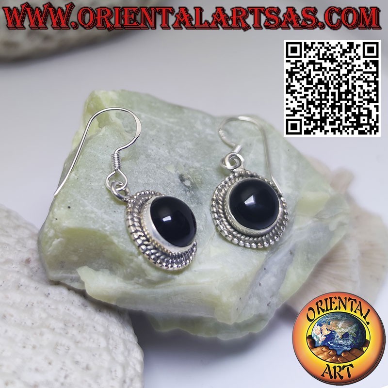 Boucles d'oreilles en argent 925 avec onyx rond entouré de galon et de sphères
