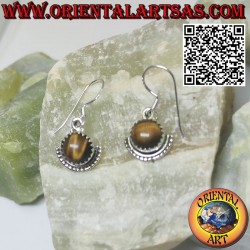 Silver earrings with round tiger eye and semicircle underneath
