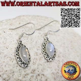 Silver cabochon shuttle rainbow moonstone earrings