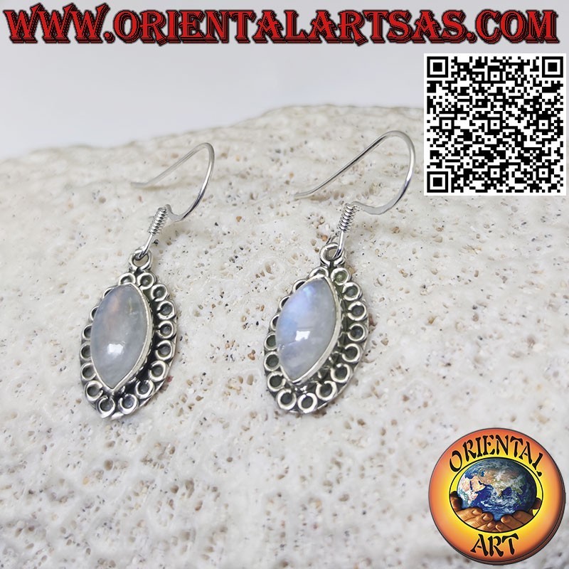 Silver cabochon shuttle rainbow moonstone earrings