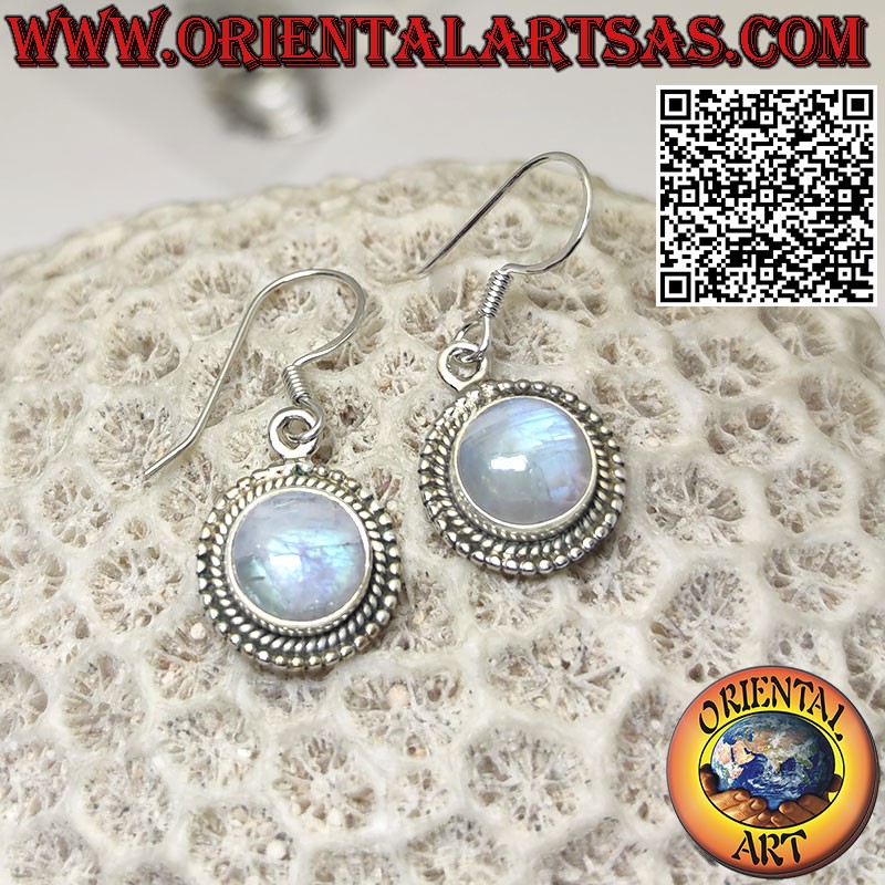 Silver earrings with round rainbow moonstone surrounded by spheres