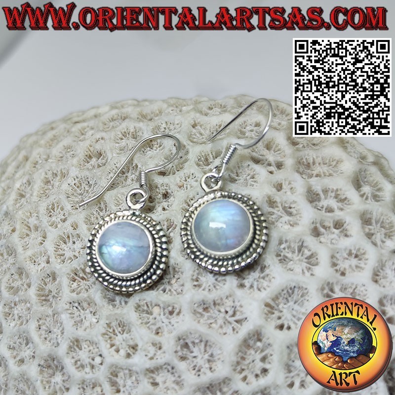 Silver earrings with round rainbow moonstone surrounded by spheres