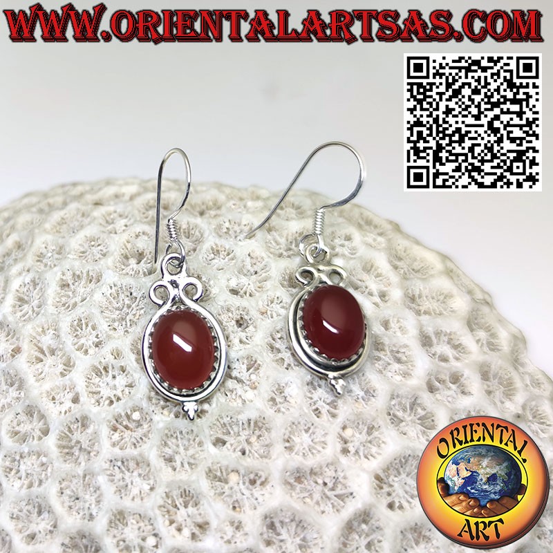 Silver earrings with oval carnelian set and 3 circles above