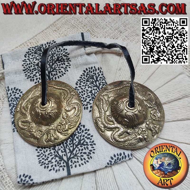 Cymbales en alliage de 7 métaux avec 2 dragons en haut relief mesurant 6,5 cm