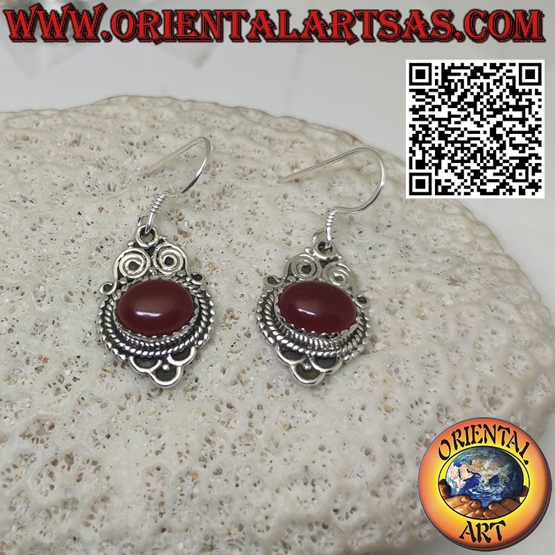 Silver earrings with oval carnelian set crosswise baroque