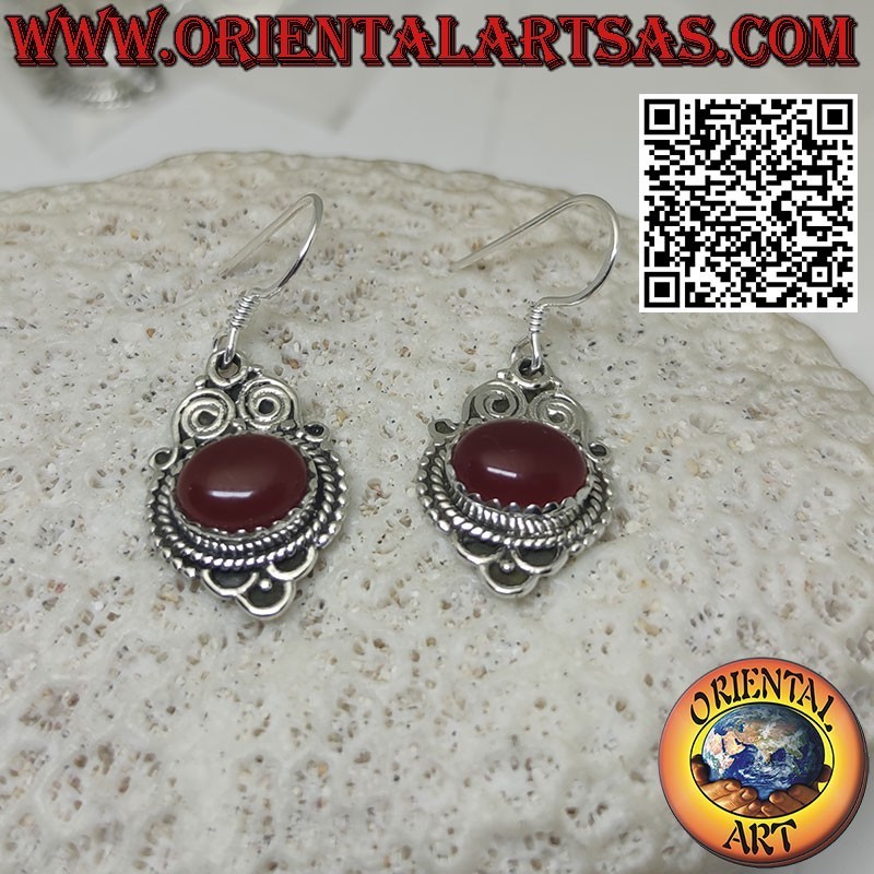 Silver earrings with oval carnelian set crosswise baroque