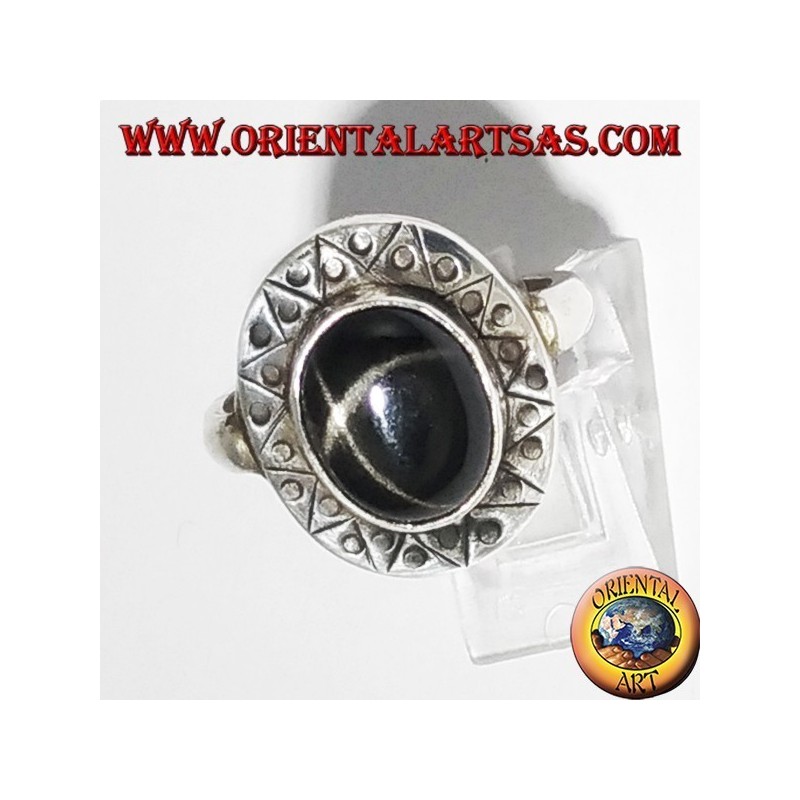 Anillo de Plata con Negro estrella con el borde cincelado