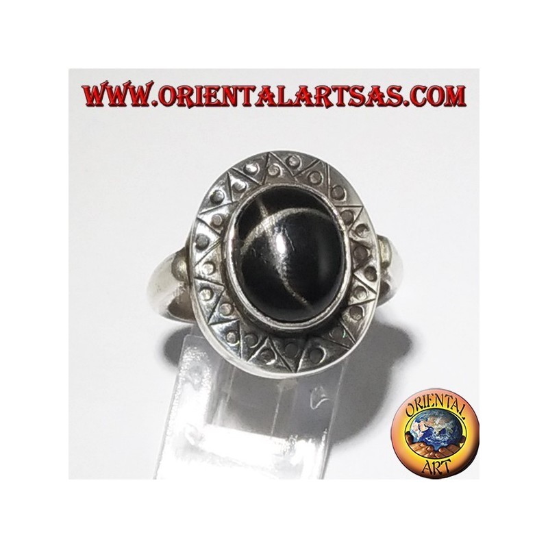 Anillo de Plata con Negro estrella con el borde cincelado