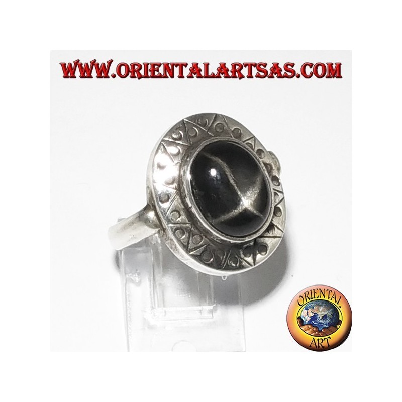 Silber Ring mit Black Star mit gemeißelten Rand