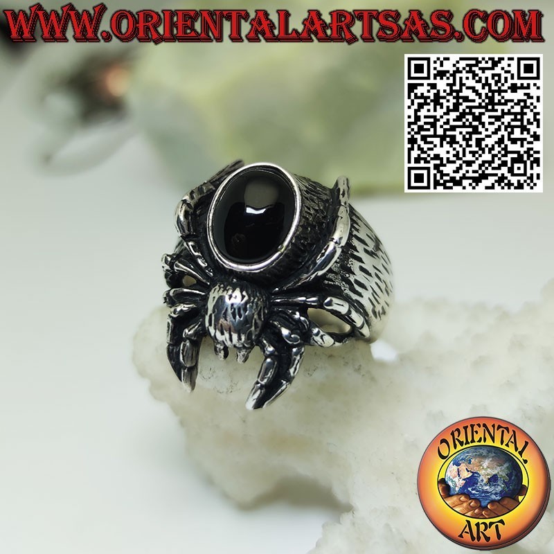 Silver ring of a Tarantula spider with three-dimensional oval onyx