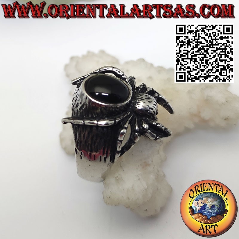 Anello in argento di un ragno Tarantola con onice ovale tridimensionale