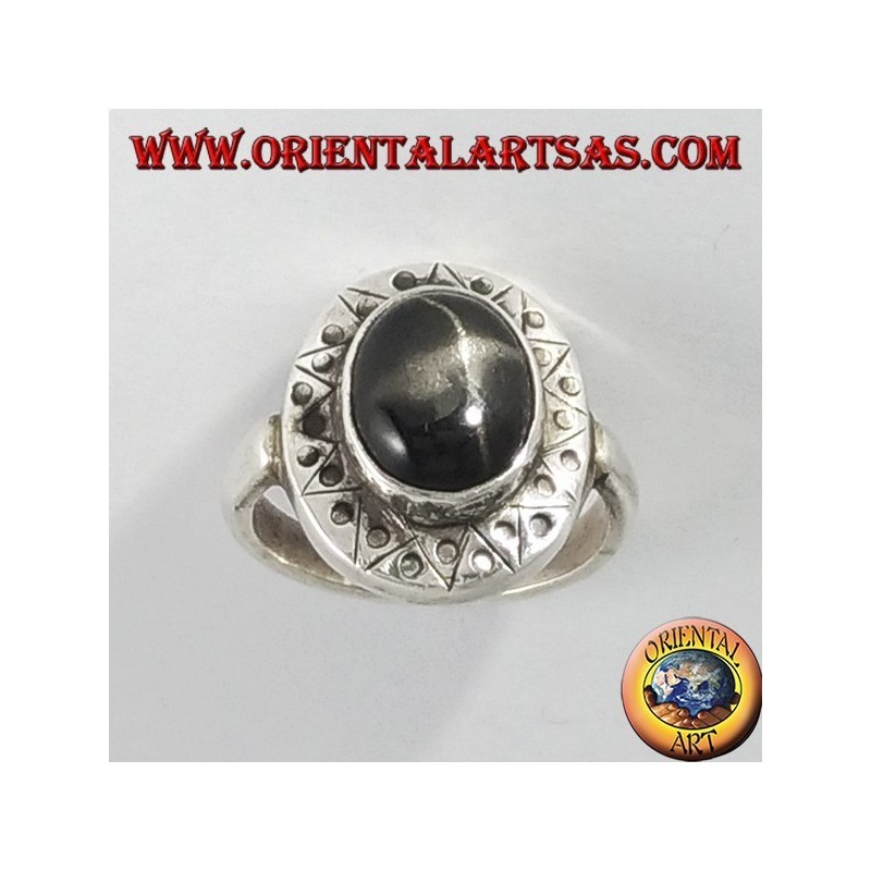 Anillo de Plata con Negro estrella con el borde cincelado