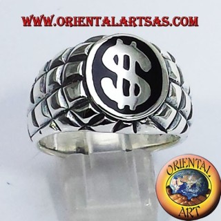 Silver ring with dollar symbol on a black and squared background