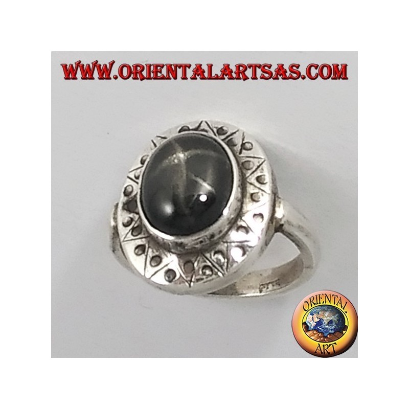 Silber Ring mit Black Star mit gemeißelten Rand