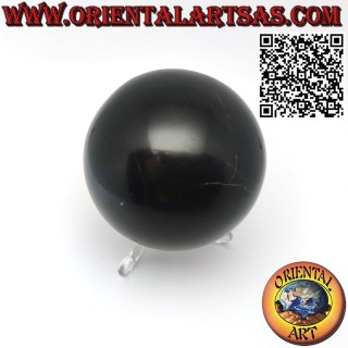 Sphère d'obsidienne noire naturelle d'un diamètre de 7 cm, avec une base de 3 pieds
