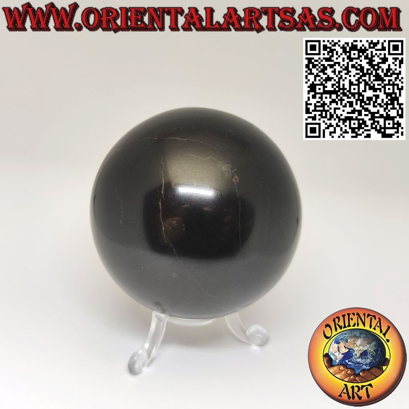 Natürliche schwarze Obsidiankugel mit einem Durchmesser von 7 cm und einer 3-Fuß-Basis