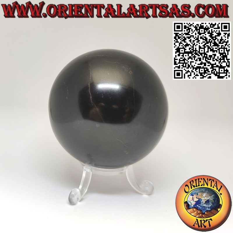 Natural black obsidian sphere with a diameter of 7 cm, with a 3-foot base