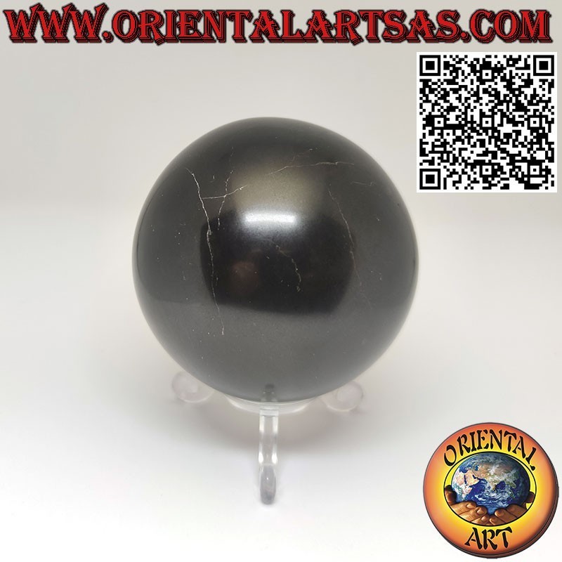 Sphère d'obsidienne noire naturelle d'un diamètre de 7 cm, avec une base de 3 pieds