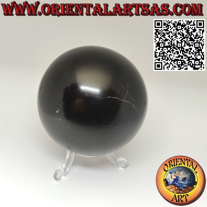 Sphère d'obsidienne noire naturelle d'un diamètre de 7 cm, avec une base de 3 pieds