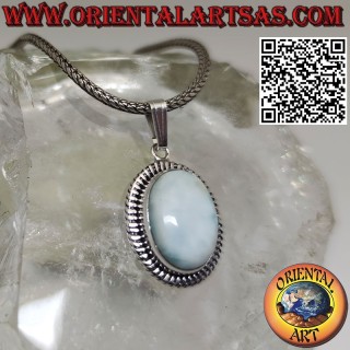 Silver pendant with oval natural larimar and striped edge