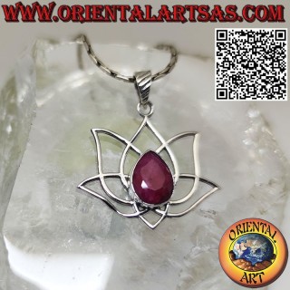 Silver pendant Sacred lotus flower for Buddhism with natural ruby