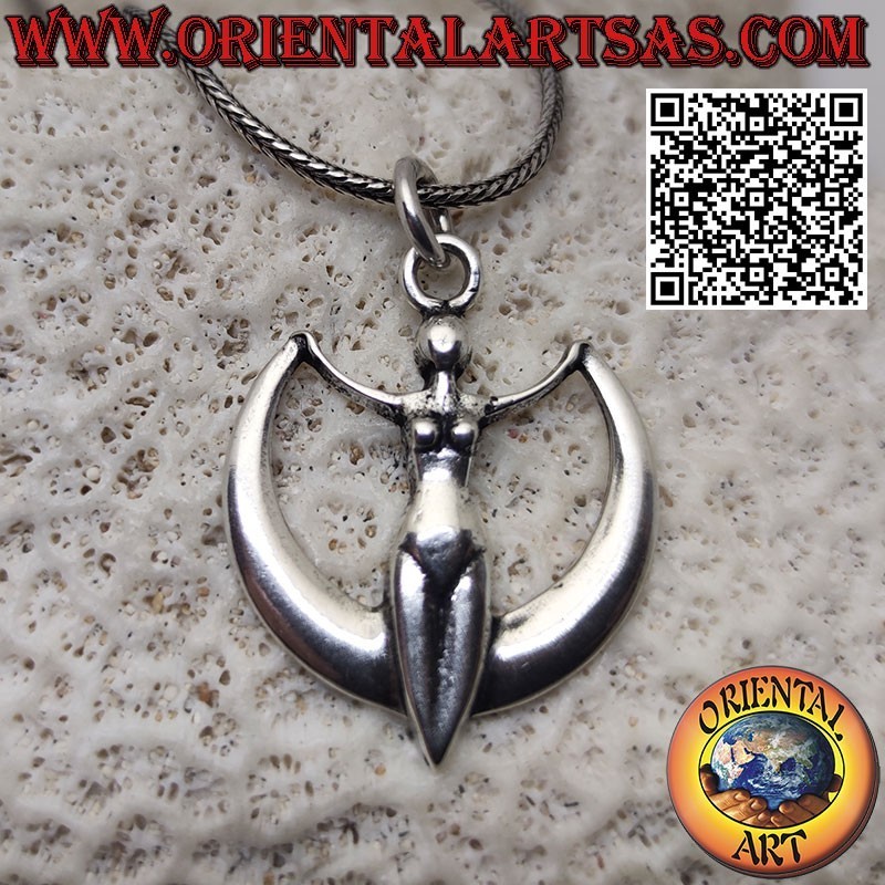 Silver pendant of the power of the wicca goddess on crescent moon amulet