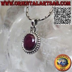 Silver pendant with oval natural ruby surrounded by dots