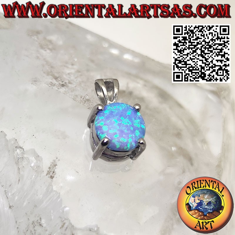 Silver pendant with a round blue opal set in four prongs