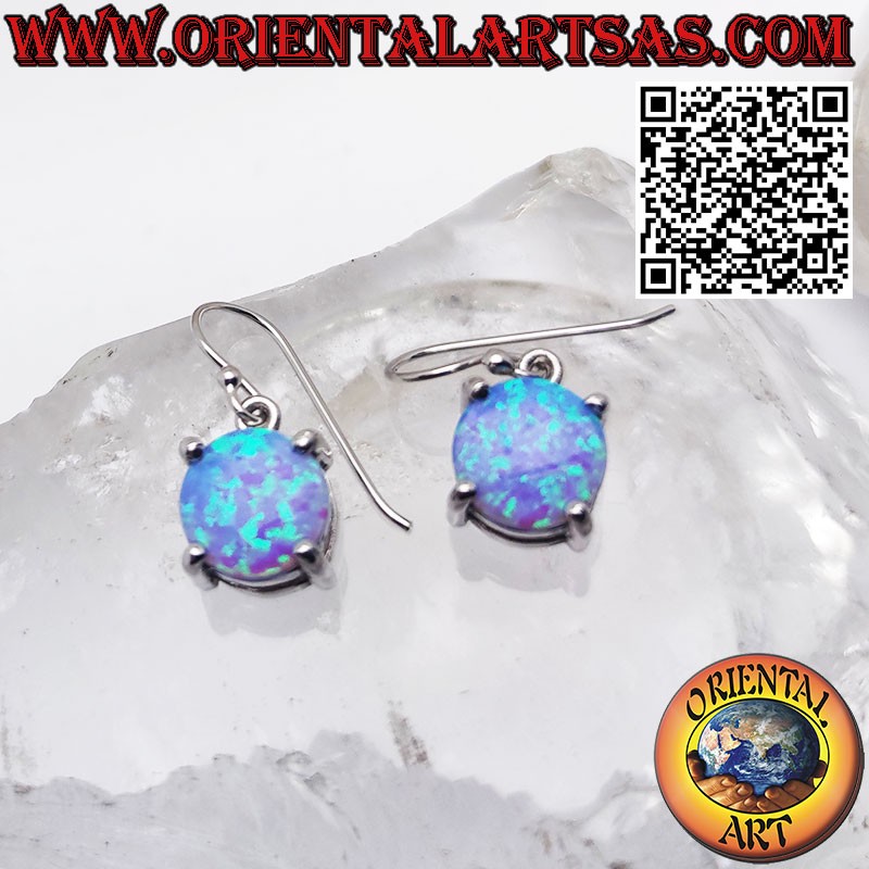 Silver earrings with oval blue mystical opal set by prongs