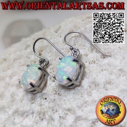 Silver earrings with oval harlequin opal set in prongs