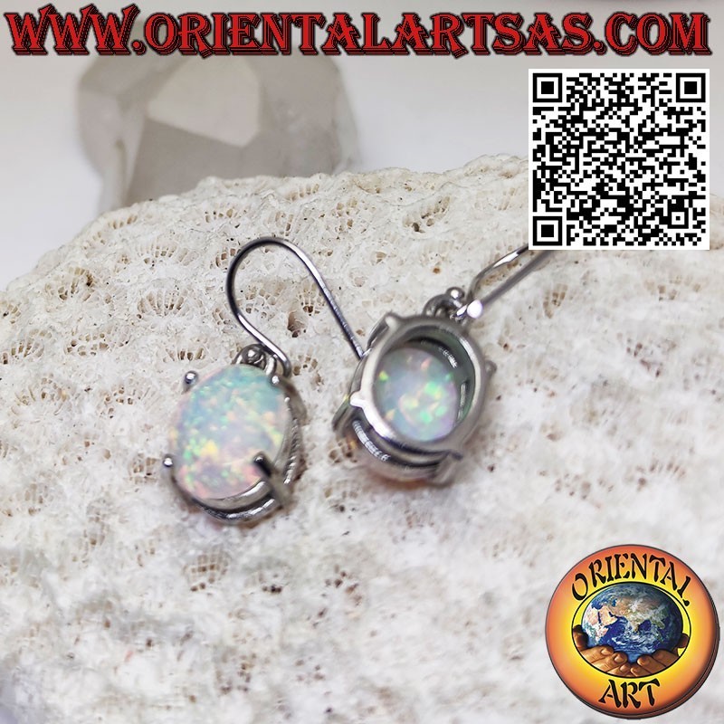 Silver earrings with oval harlequin opal with smooth edge