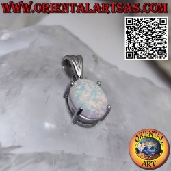 Silver pendant with oval harlequin opal set in prongs