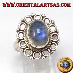 Silver ring, with oval rainbow moon stone and rim of circles