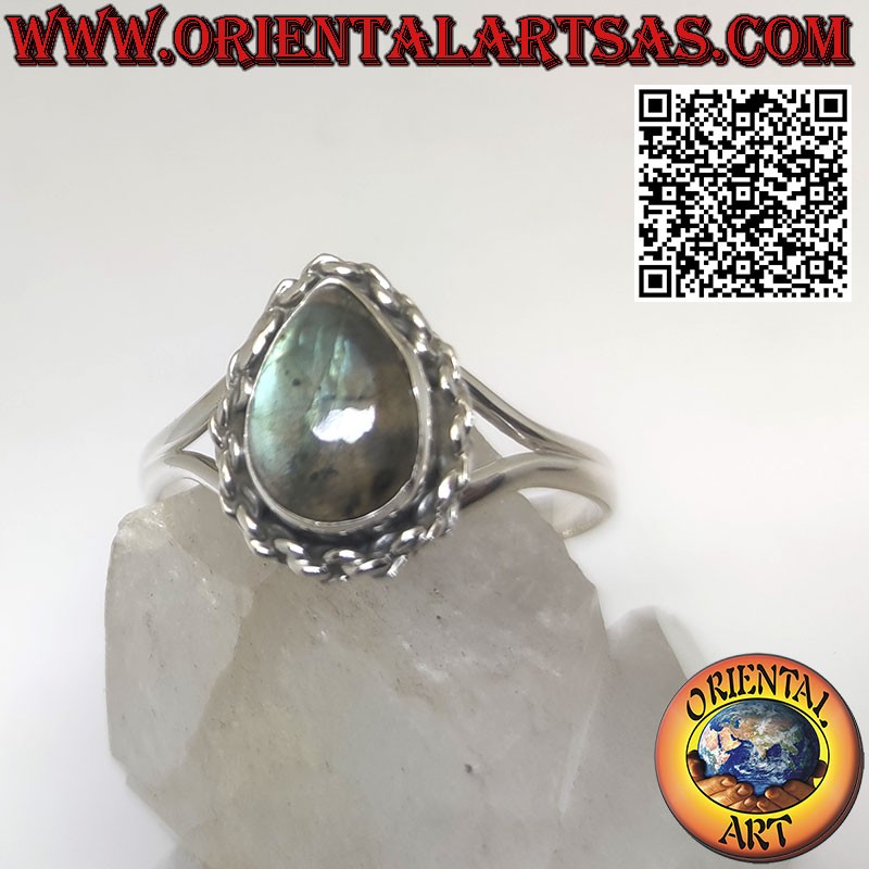 Silver ring with natural Labradorite teardrop surrounded by interweaving