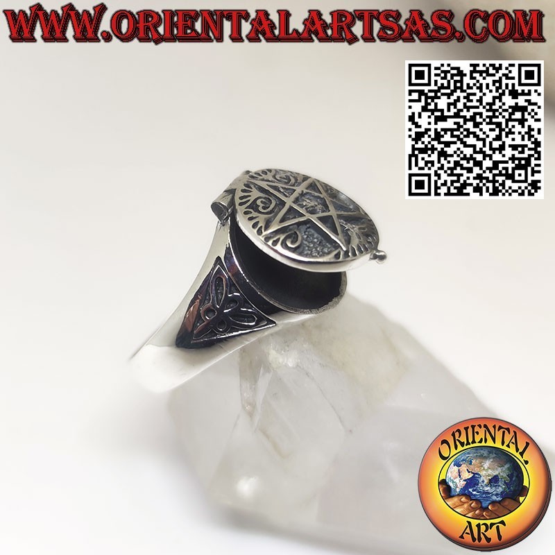 Silberner Giftbox-Ring, Pentagramm und Lebensbaum